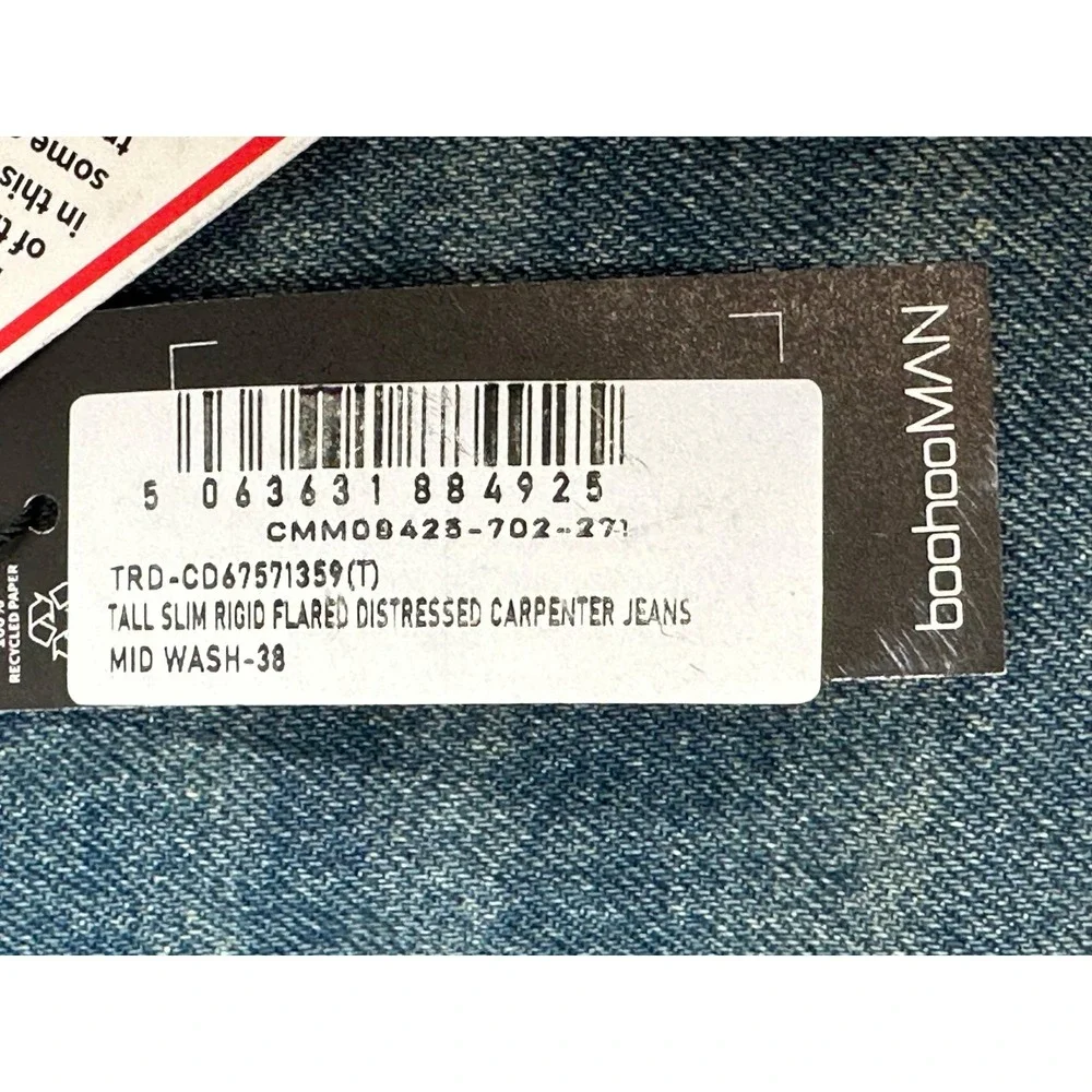 boohooMAN 38 Tall Slim Rigid Flared Distressed Carpenter Jeans Mid Wash Blue